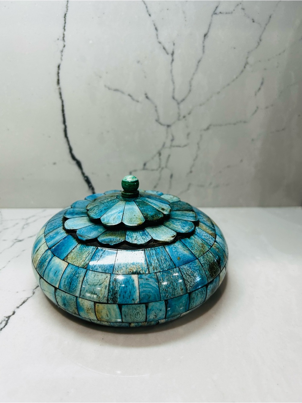 Turquoise Bone Inlay Jewelry Box – Round Floral Trinket Pot